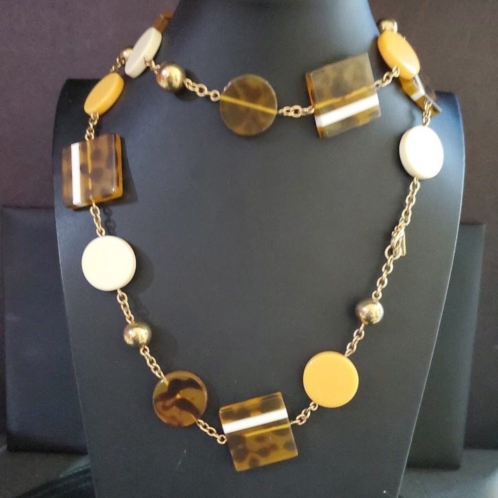 Kate Spade Tortoise Shell Geometric Resin Station Long Necklace Gold Tone Mod